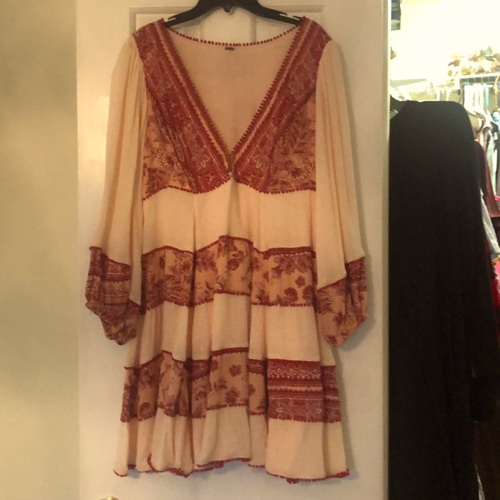 Free People Long Sleeve Dress - Cream and Red